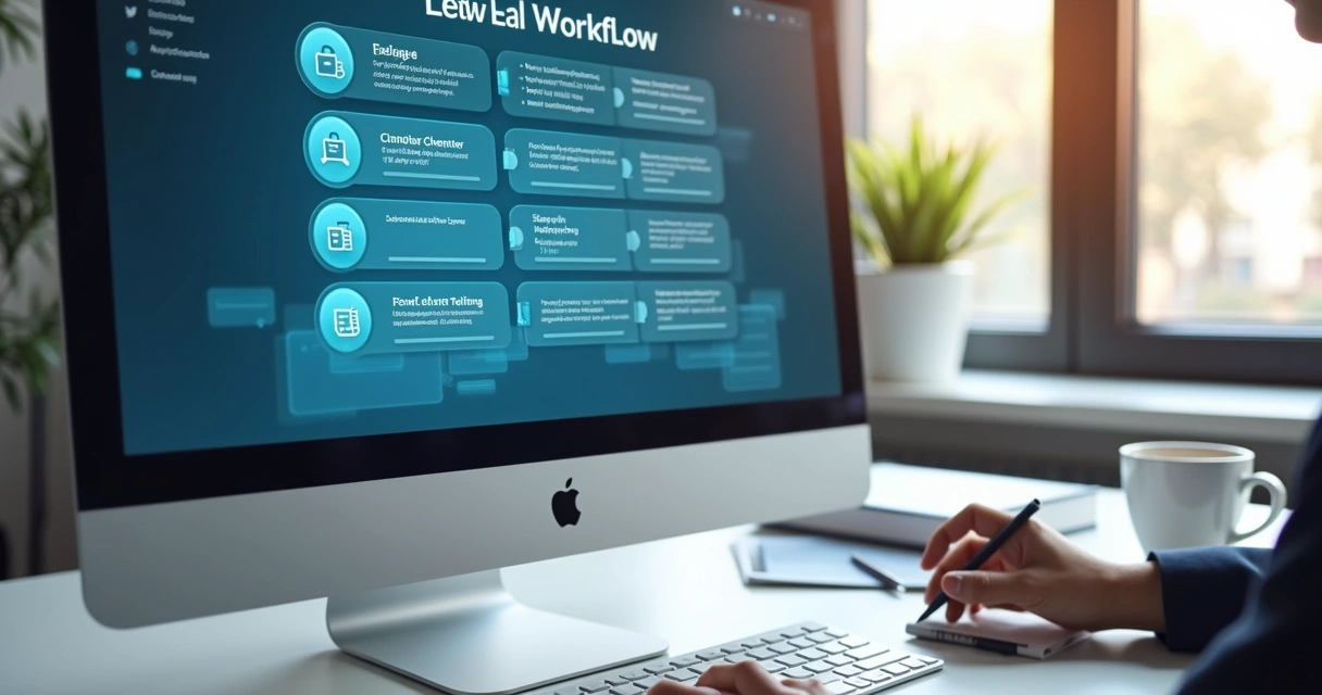 Tela de software jurídico com fluxos de automação e documentos 