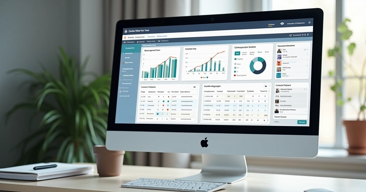 Tela de software jurídico com gráficos de crescimento e lista de processos. 