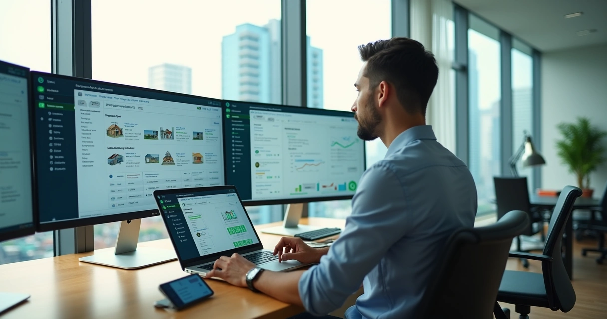 Tela de software de locação de imóveis com painel financeiro em destaque 