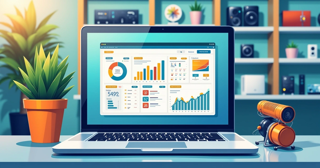 Ilustração de um software em laptop com gráficos de vendas e inventário, rodeado de produtos eletrônicos.