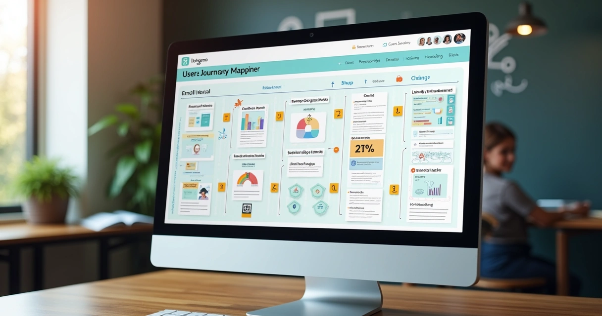 Tela de software mostrando mapa digital da jornada do aluno com etapas e métricas 