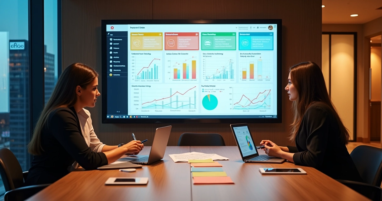 Gestora de hotel analisando comparativo de softwares de marketing em grande tela com gráficos 