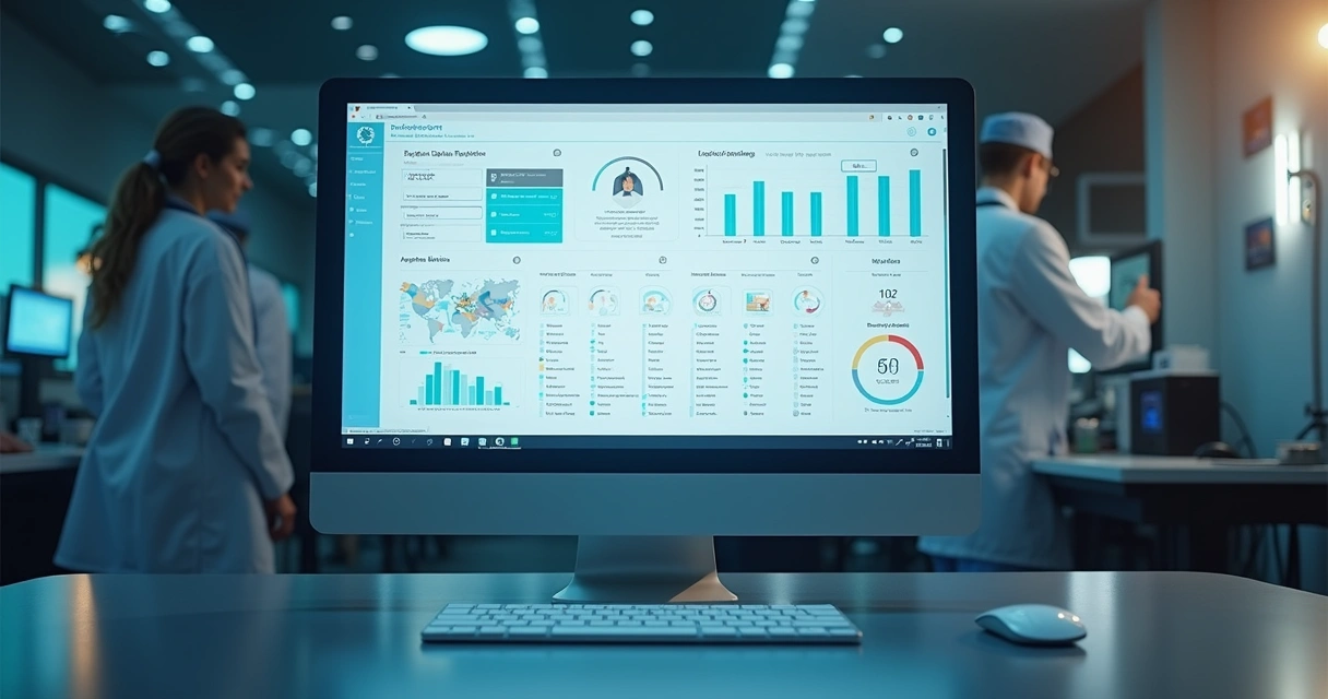 Tela de computador com software médico integrando informações 