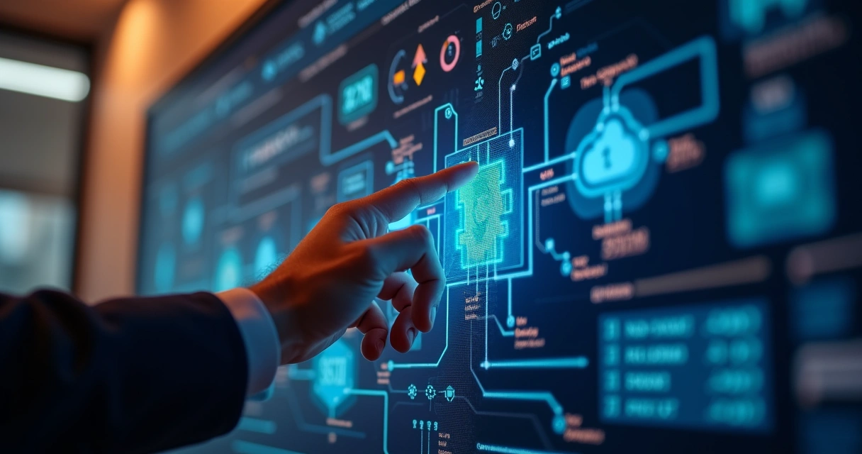 Painel digital mostrando módulos de um software escalável em camadas 