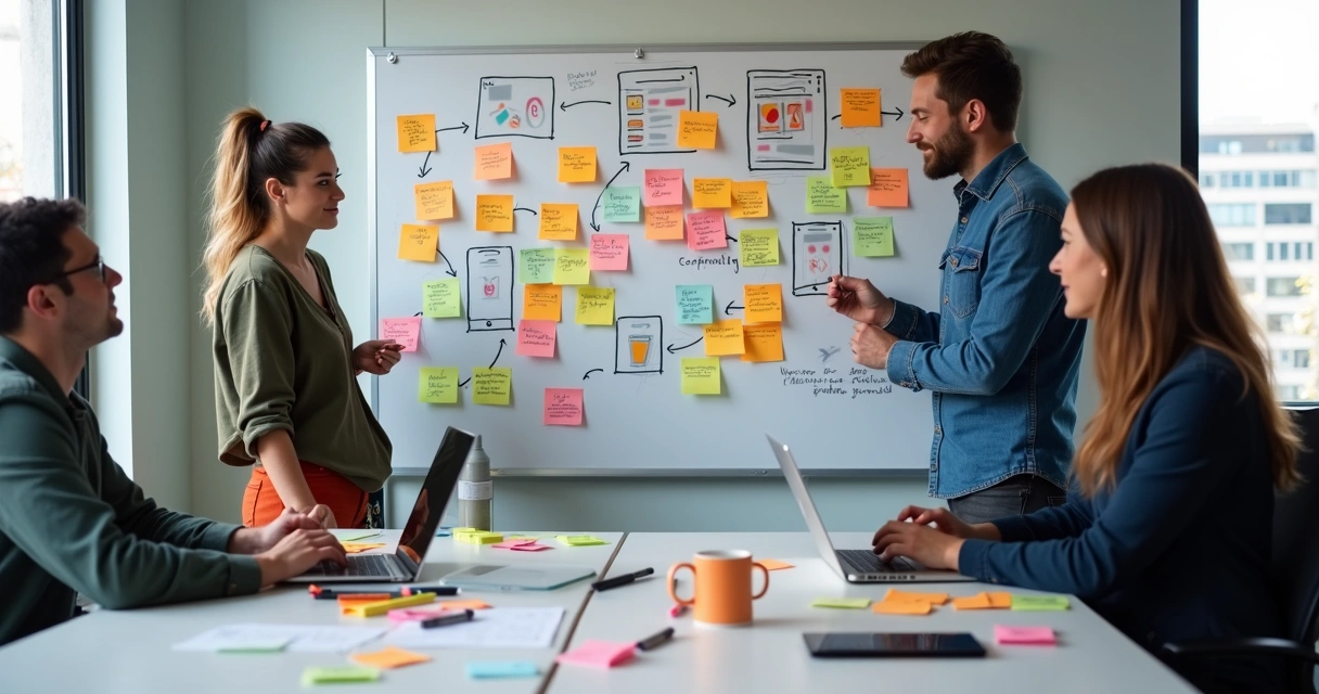 Team sketching MVP app features on whiteboard 