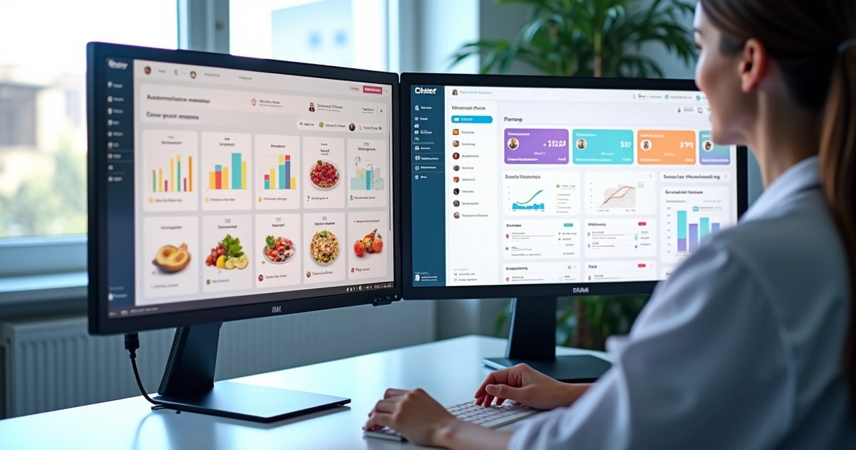 Comparação entre software específico para nutrição e CRM geral em tela de computador com gráficos e ícones de integração, automação e suporte