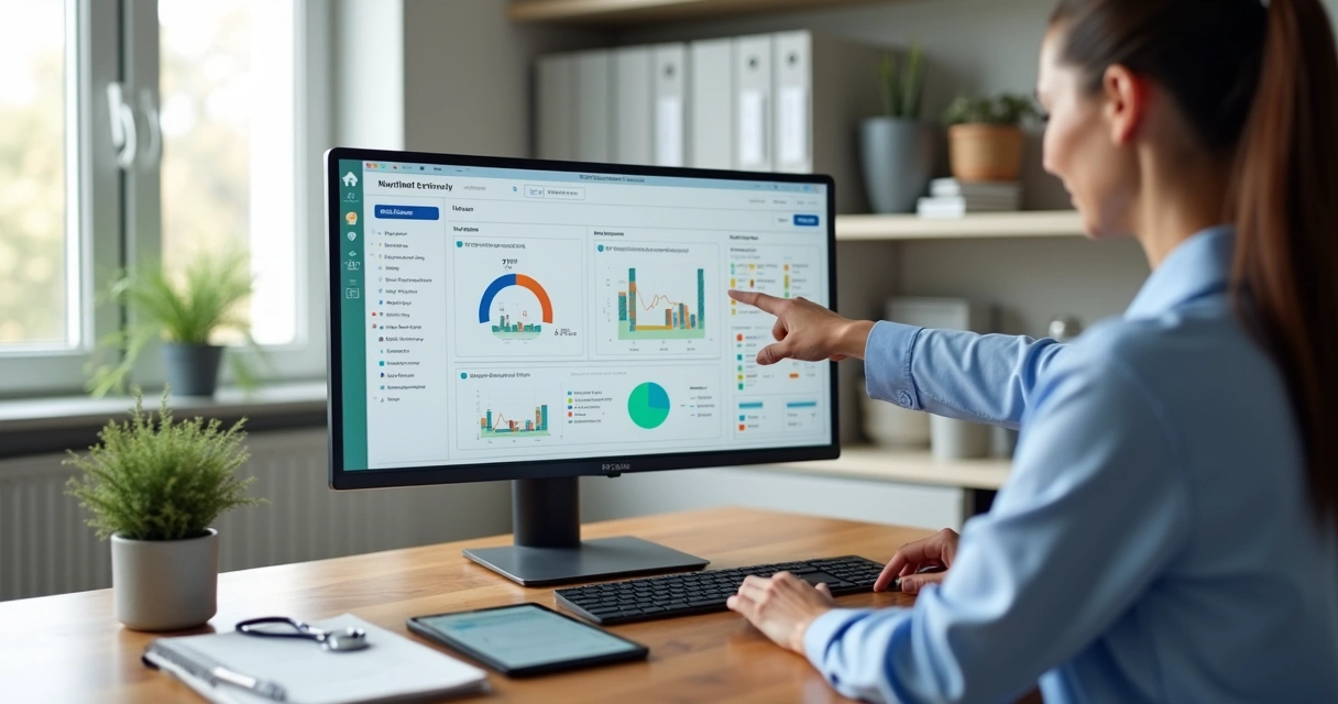 Nutricionista analisando dashboard de software com dados de pacientes 