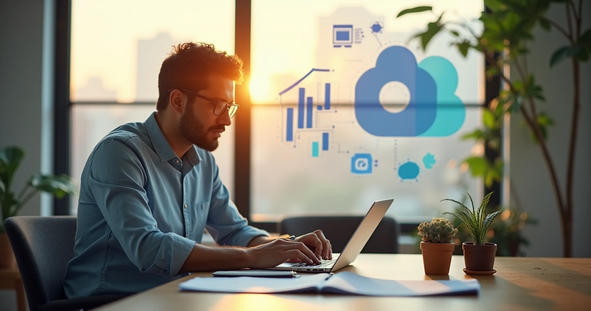 Empreendedor usando software na nuvem em escritório moderno 