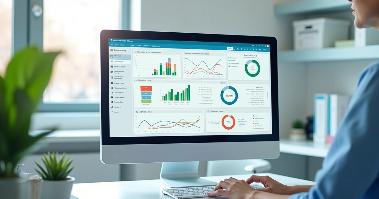 Tela de computador em clínica odontológica exibindo software de gestão com agendamento e prontuário eletrônico 