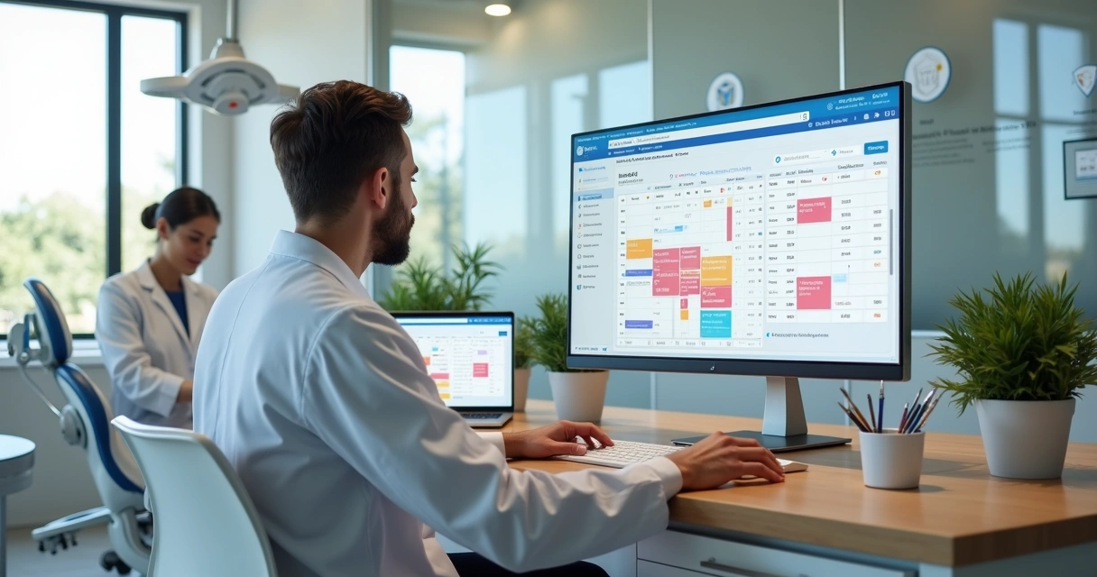 Dentista usando software odontológico em clínica moderna com equipe ao fundo 