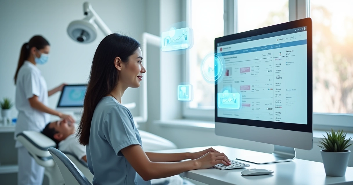 Dentista usando software odontológico em clínica moderna com paciente na cadeira 