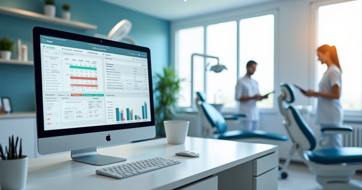 Tela de computador exibindo sistema de software odontológico com agenda digital, prontuário e controle financeiro em clínica moderna 