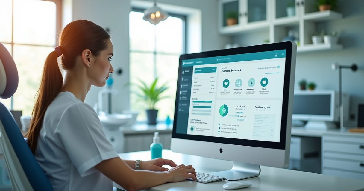 Profissional de odontologia usando computador com sistema odontológico em clínica moderna, tela com agenda digital e prontuário eletrônico visíveis 