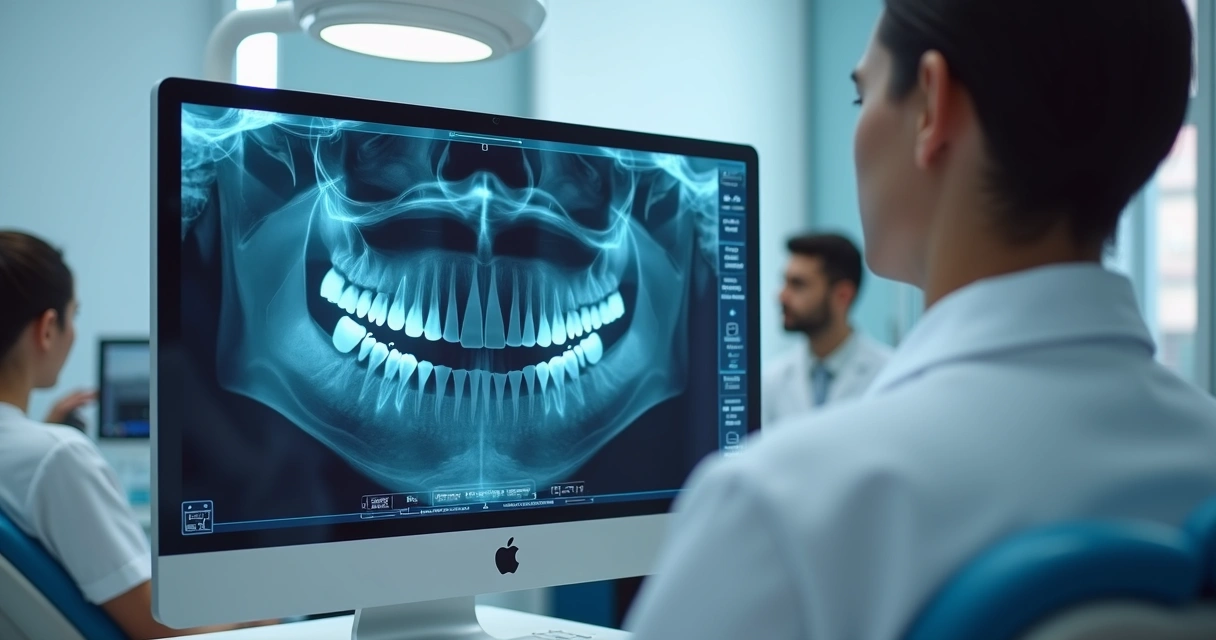 Dentista usando software de IA em clínica odontológica 