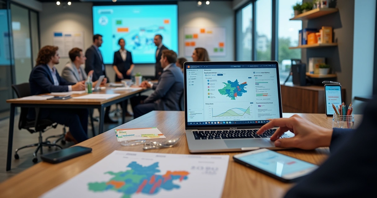 Tela de software para política com equipe analisando mapa eleitoral e gráficos em laptop 