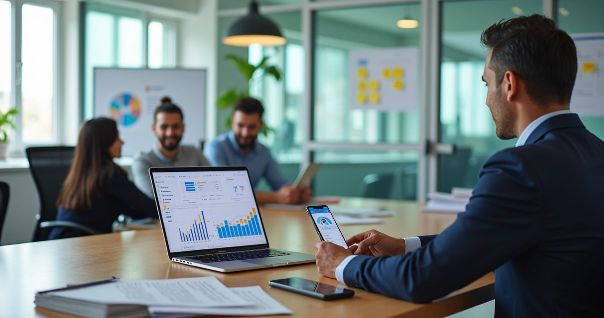 Político usando software em laptop com painel de gestão da base eleitoral 