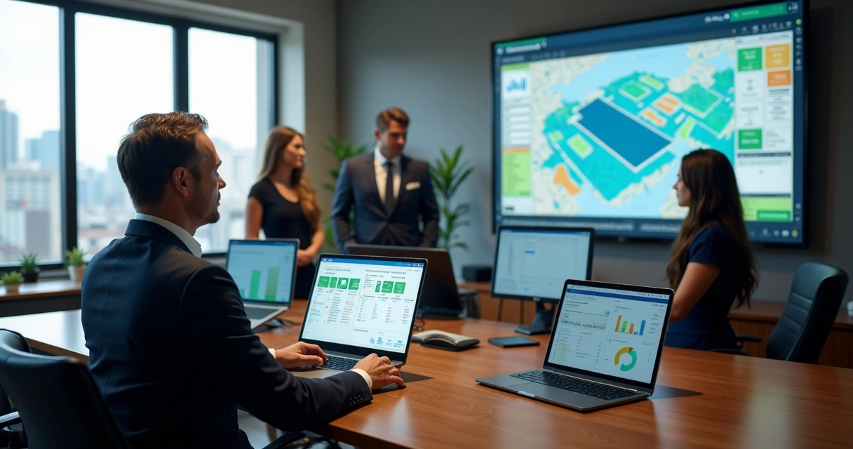 Vereador usando software de gestão em gabinete com equipe acompanhando demandas de eleitores 