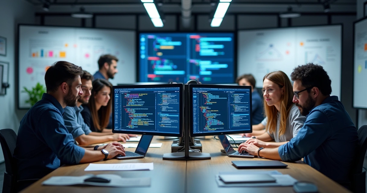 Equipe trabalhando no desenvolvimento de software sob medida com computadores e gráficos no escritório moderno 