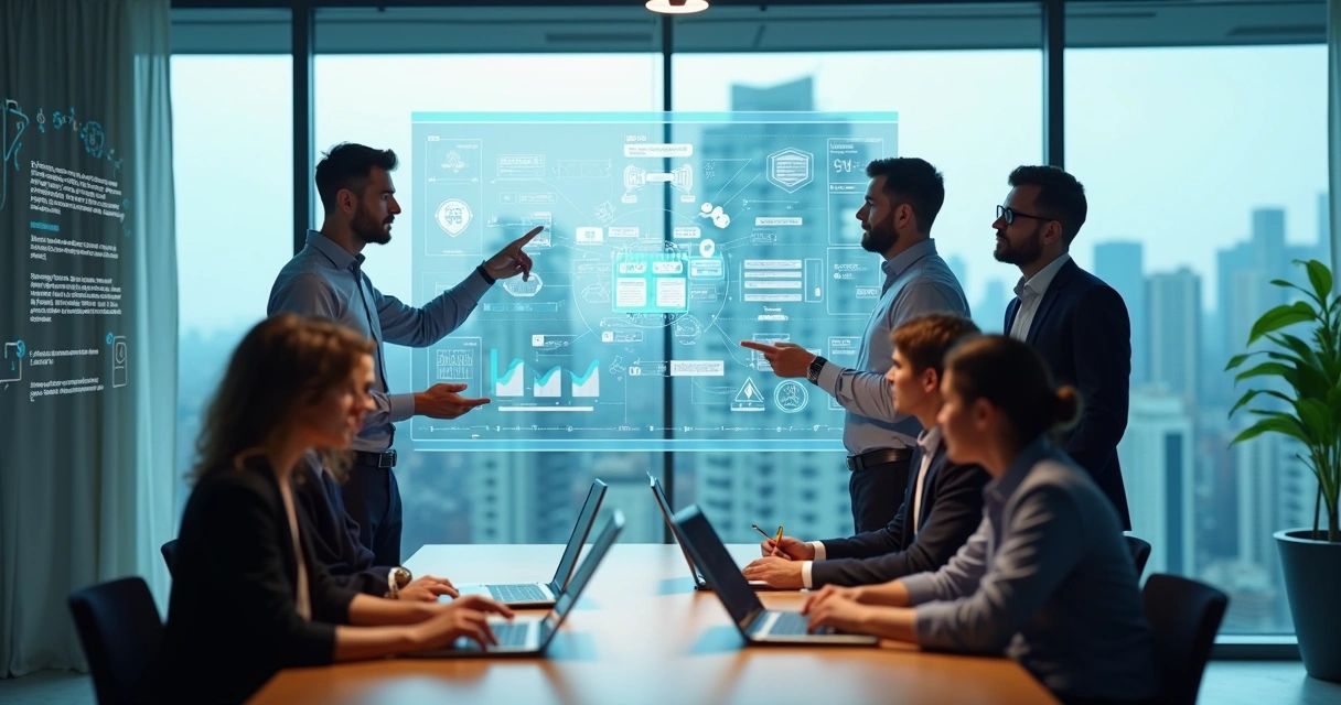 Equipe de tecnologia colaborando em painel digital com fluxos de software personalizado 