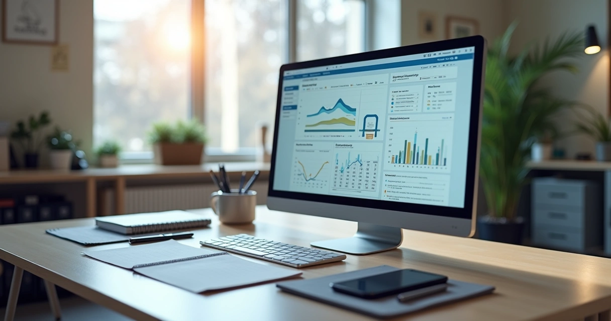 Mesa de escritório com computador exibindo software personalizado em tela, notebooks e anotações ao redor 