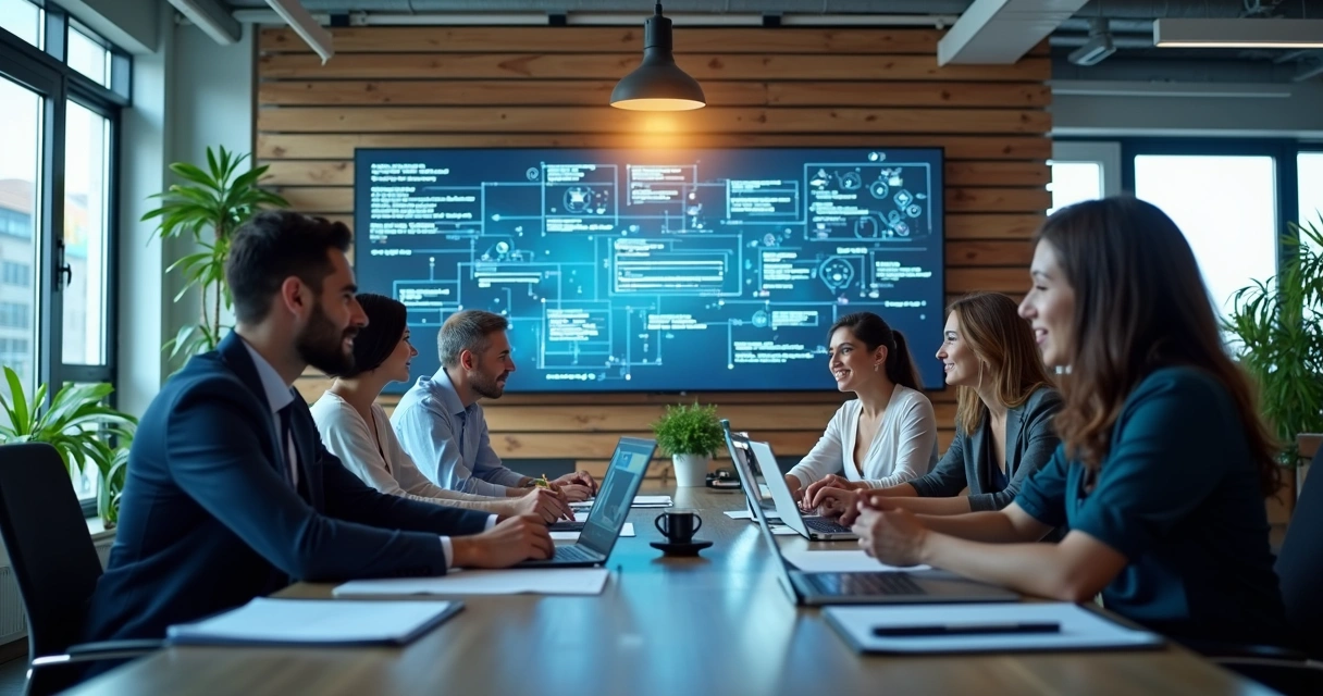 Equipe de profissionais trabalhando colaborativamente com laptops e telas exibindo códigos e gráficos digitais 