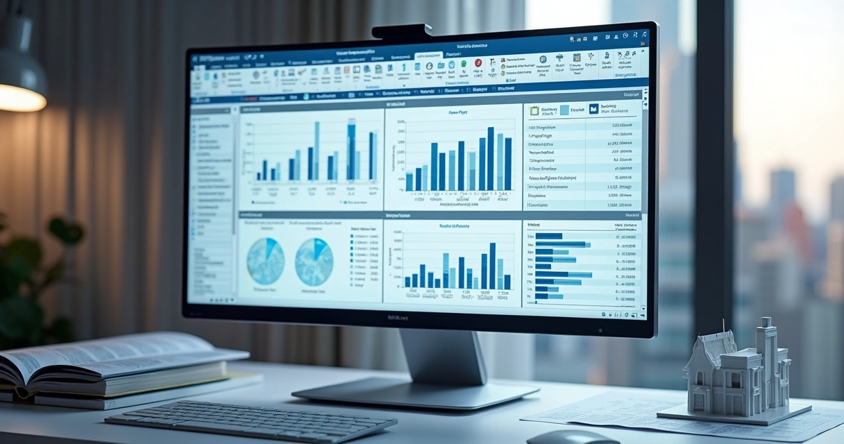 Interface de software de planejamento de construção civil em tela widescreen 