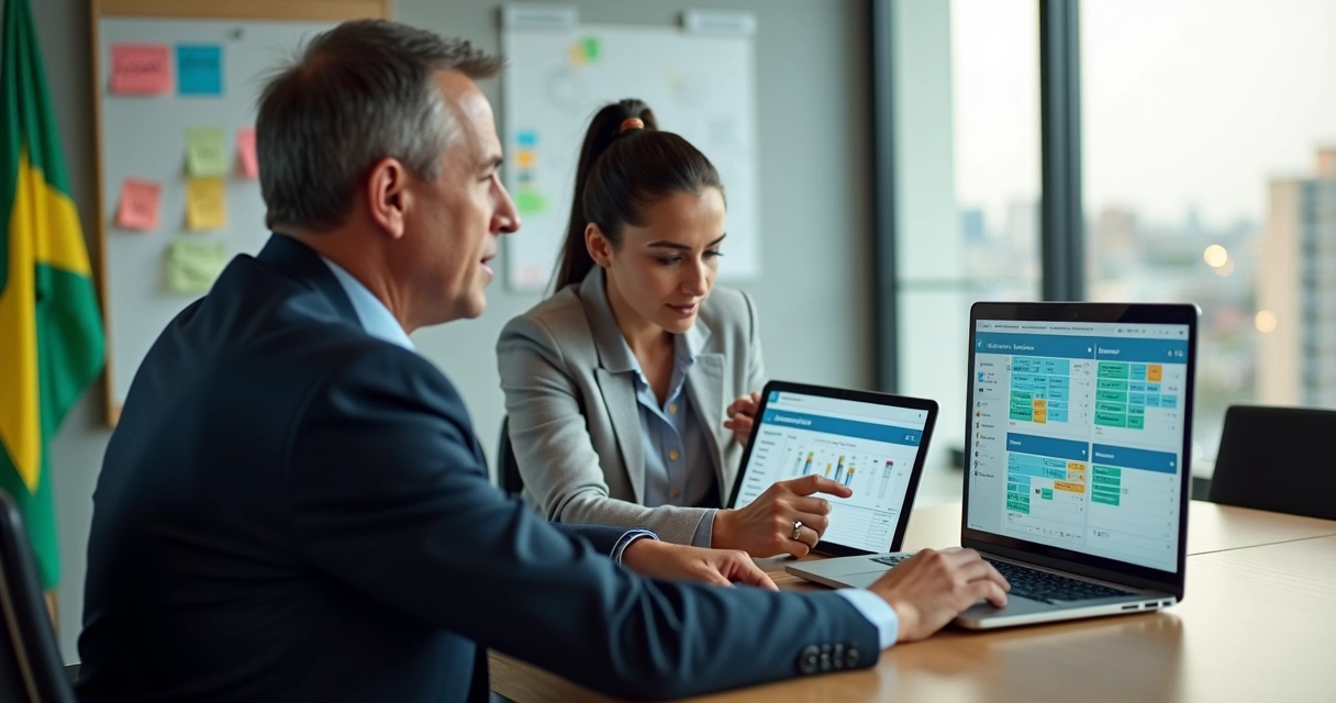 Político em reunião usando notebook com painel de software de gestão de mandato 