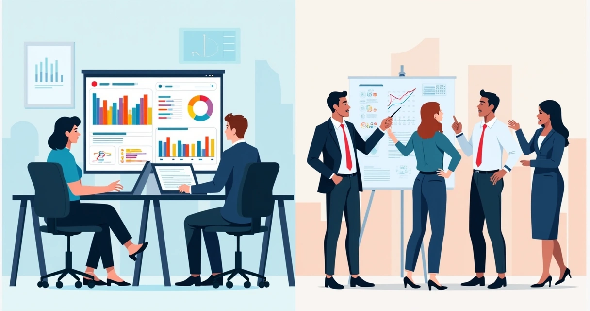 Ilustração mostrando equipe de RH analisando dados em software com gráficos digitais e consultor ao lado apontando para quadro branco com estratégias desenhadas 