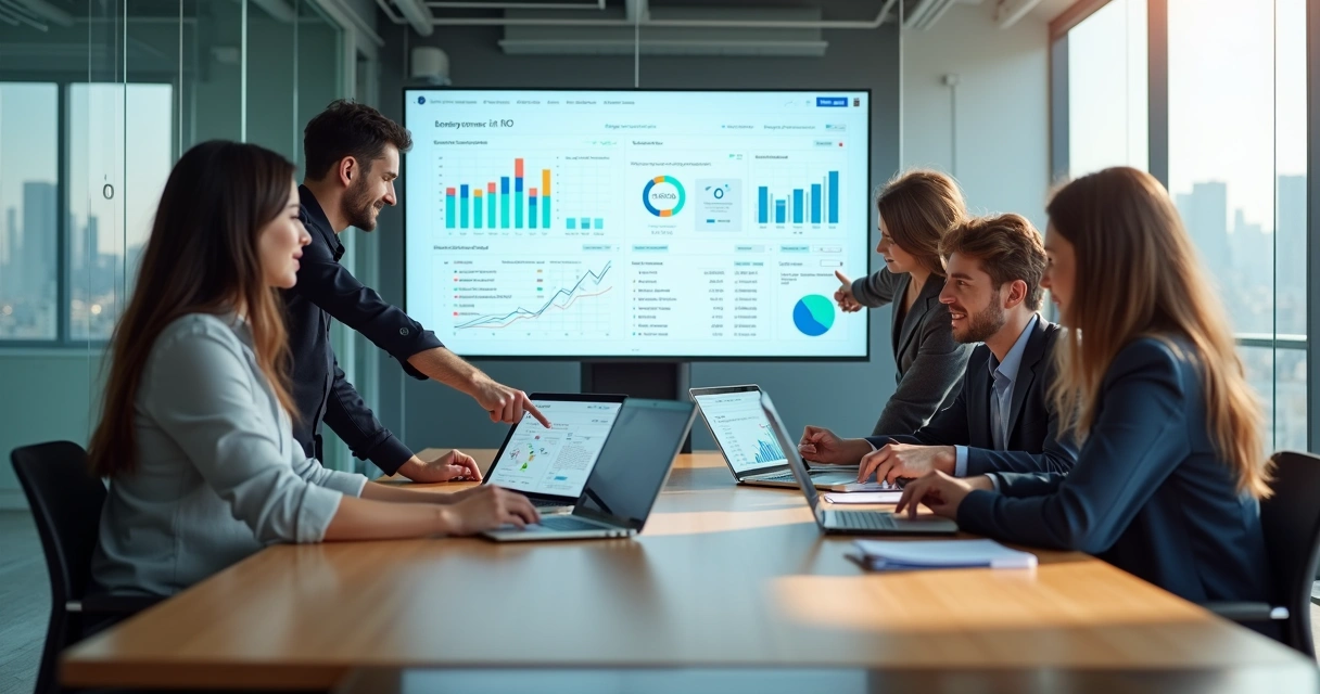 Equipe de RH em escritório moderno usando softwares de gestão de pessoas 