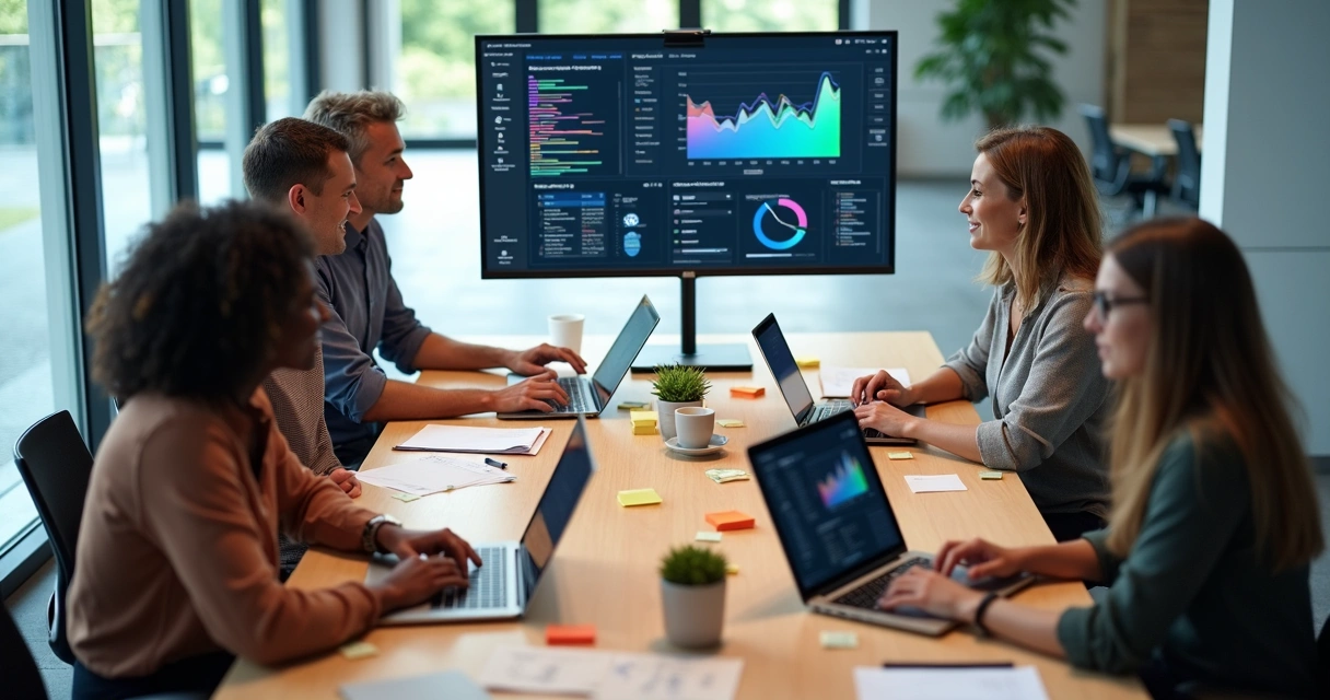 Equipe reunida usando software personalizado em uma mesa de reunião 