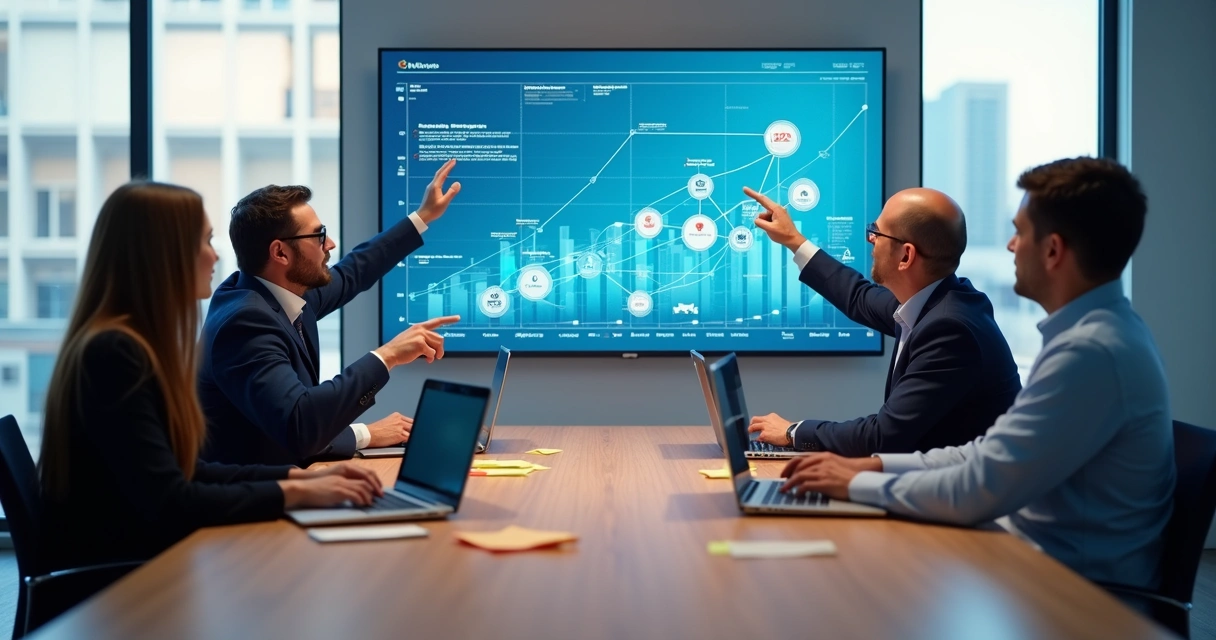 Equipe empresarial analisando painel digital com fluxos automatizados e integrações de sistemas 