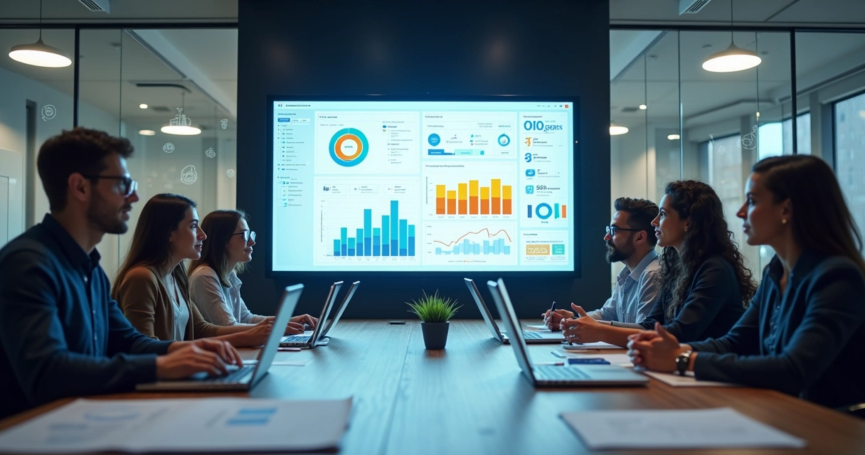 Equipe de tecnologia planejando software sob medida em ambiente corporativo moderno 