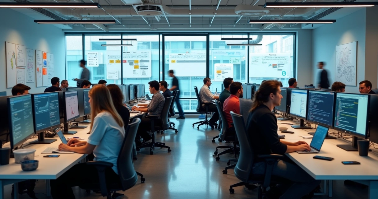 Software teams collaborating at desks in a modern office, digital screens and code visible 