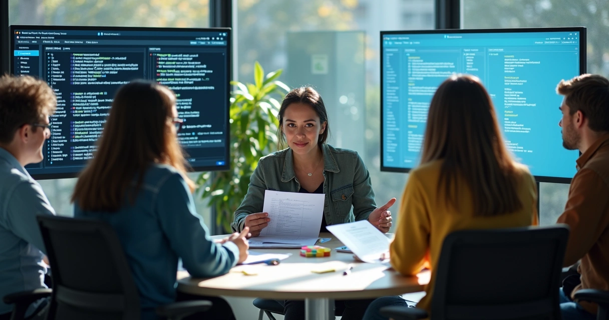 Testers reviewing code and dashboards in a meeting room