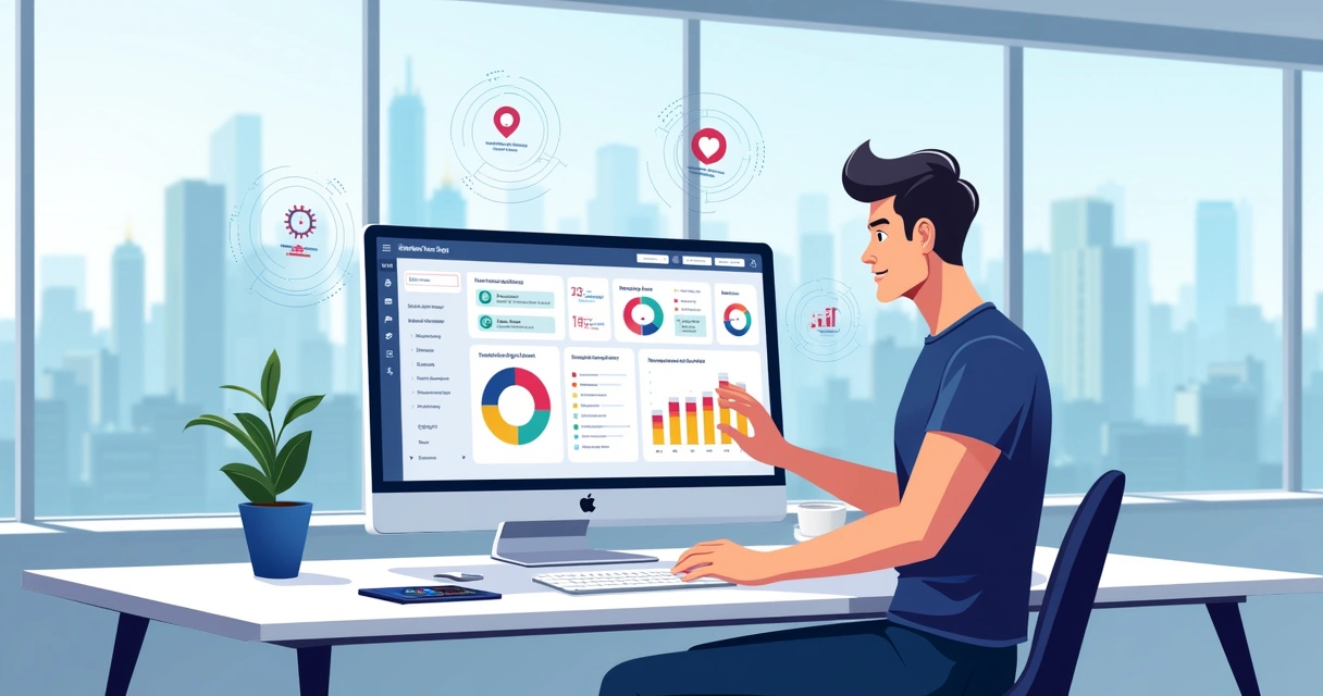 Ilustração de um escritório moderno com a interface do software Thesmos exibindo gráficos coloridos.