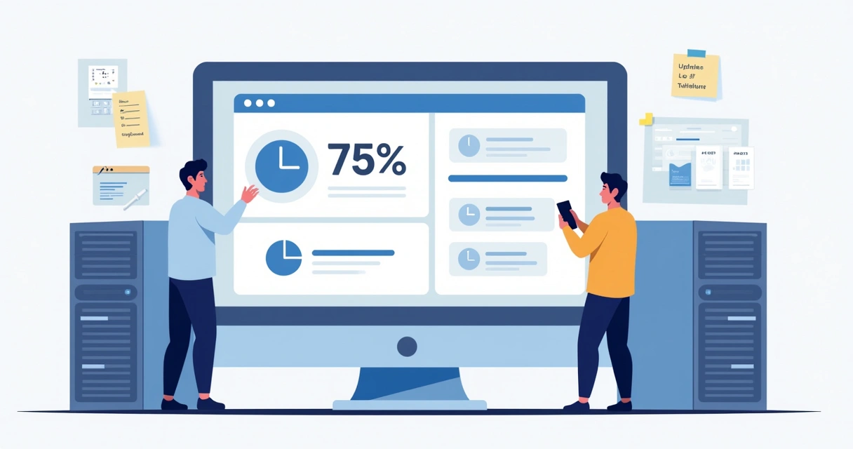 Painel com progresso de atualização de software em destaque, equipe de TI monitorando 