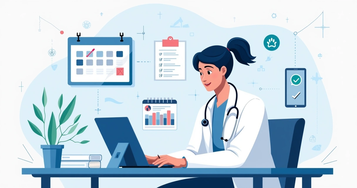 Ilustração flat corporativa de veterinário usando software em tablet para organizar agendamento, prontuário online e controle financeiro 