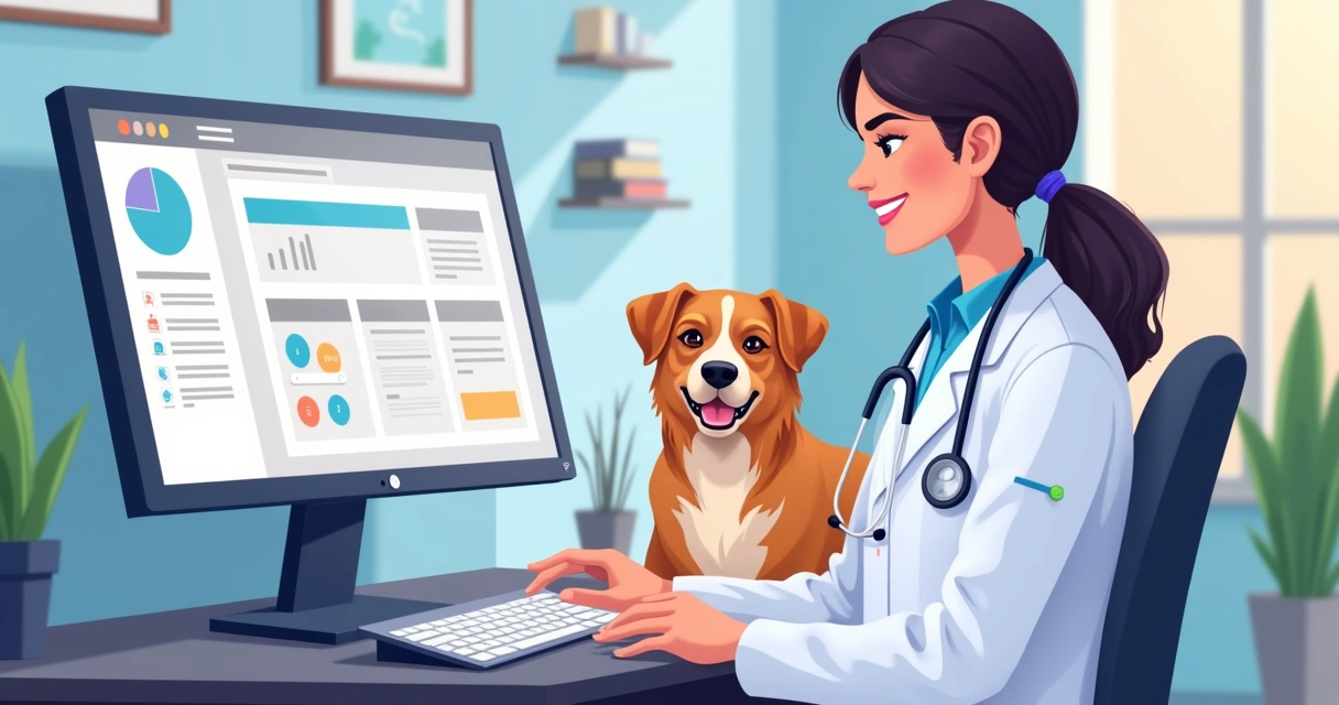 Tela de software veterinário moderno com interface amigável mostrando agenda, histórico do paciente e lembrete de consulta 