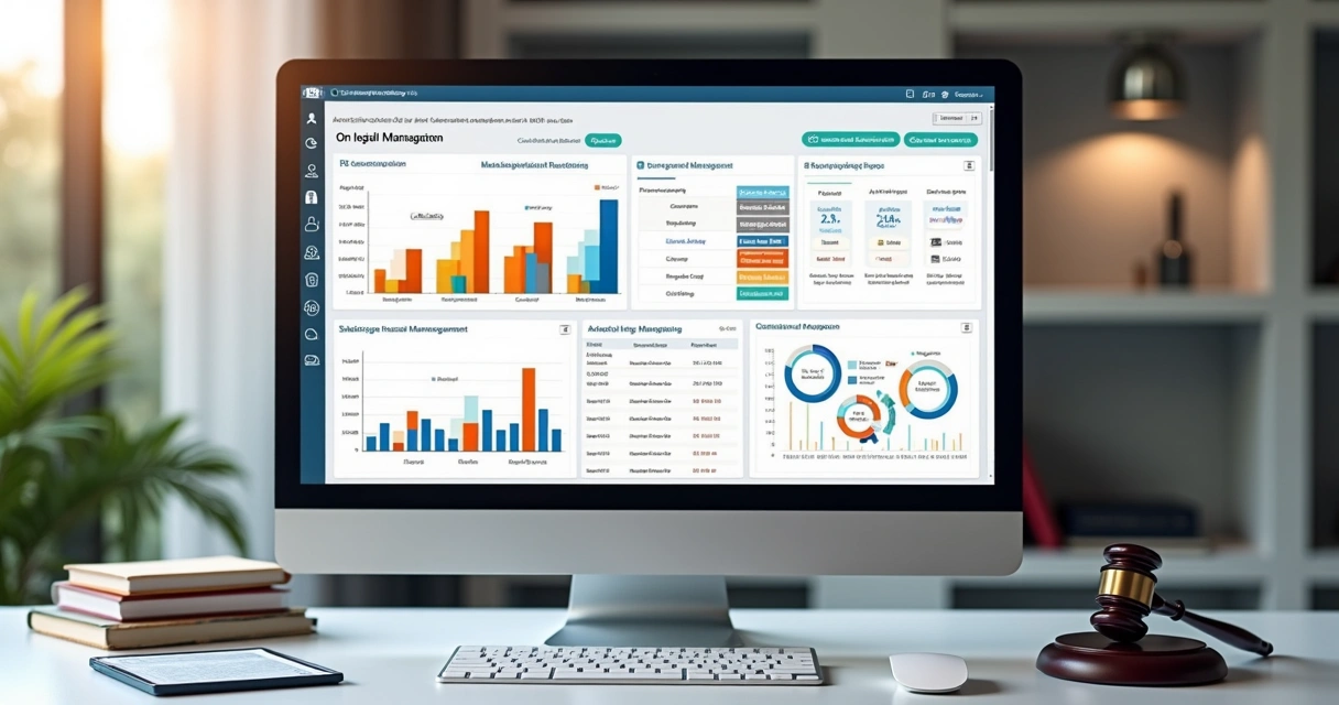 Tela de computador mostranda interface de softwares jurídicos com gráficos, listas e ícones de automação e integração 
