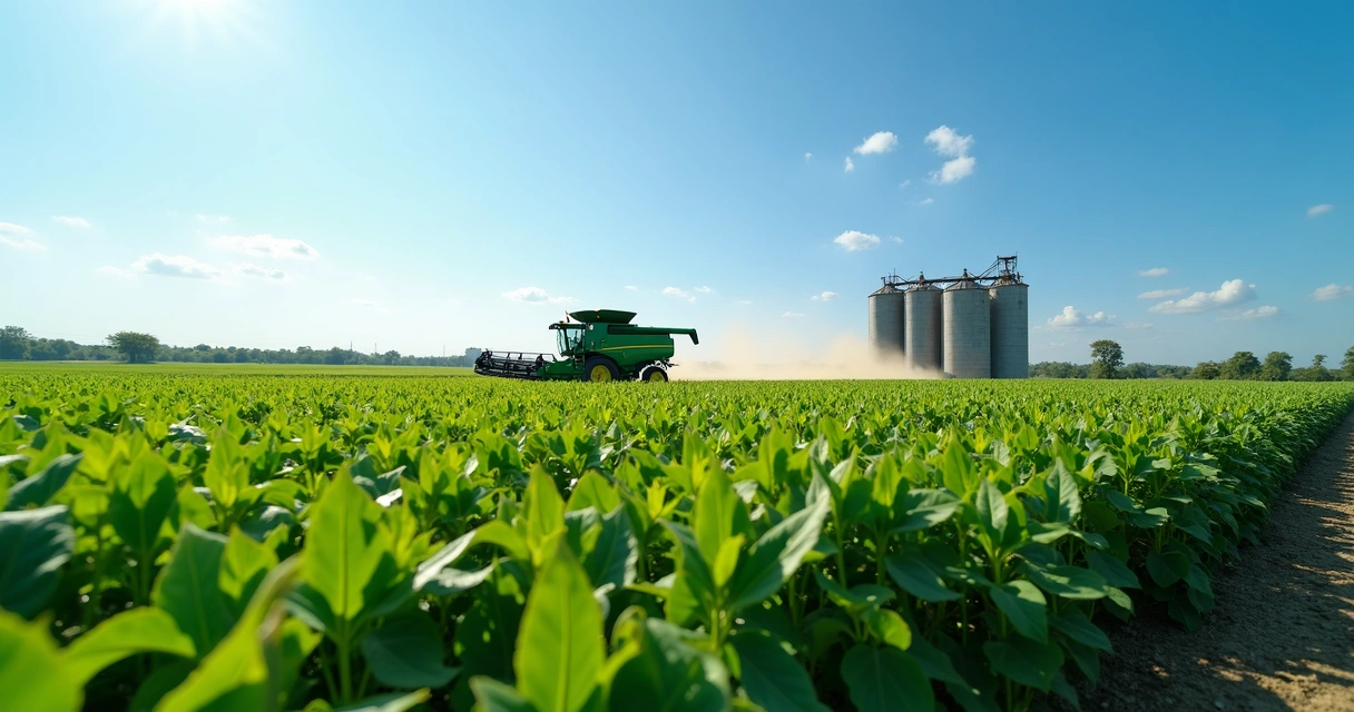 Campo de soja com plantas verdes e céu azul em Mato Grosso, ao fundo silos agrícolas e uma máquina de colheita 