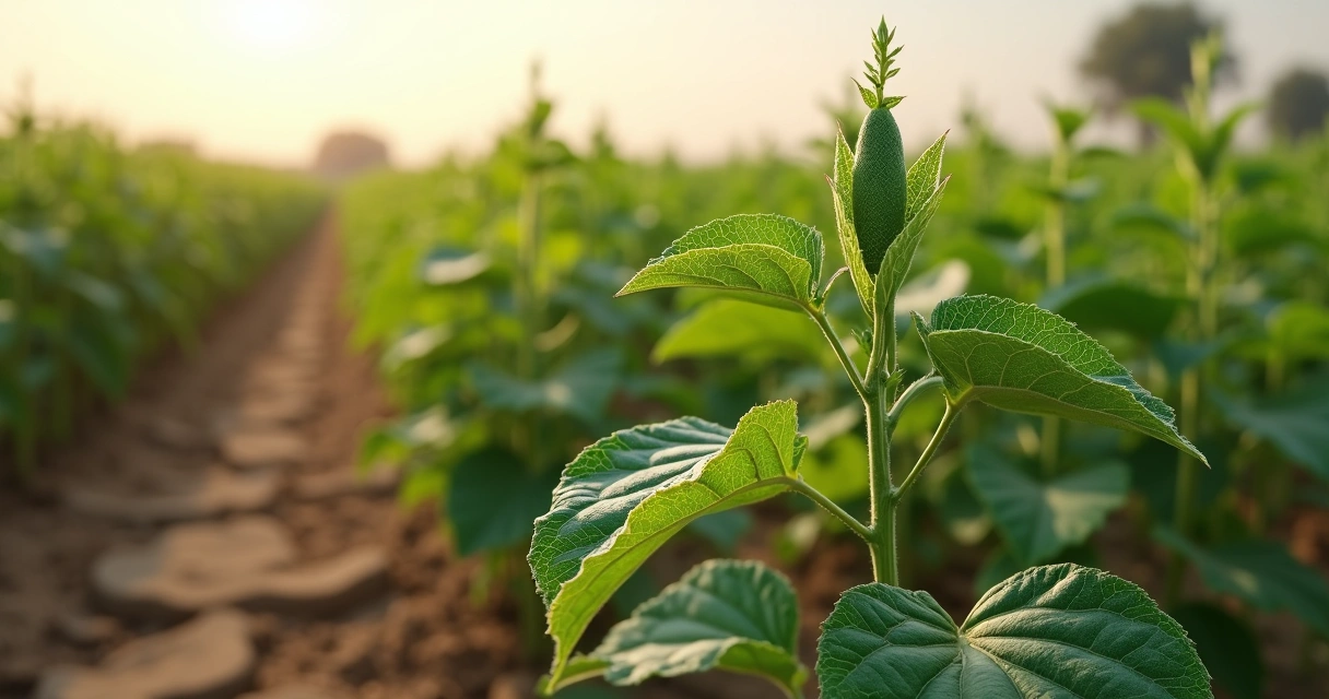 Plantação de soja apresentando folhas verdes mesmo sob solo seco e clima árido 