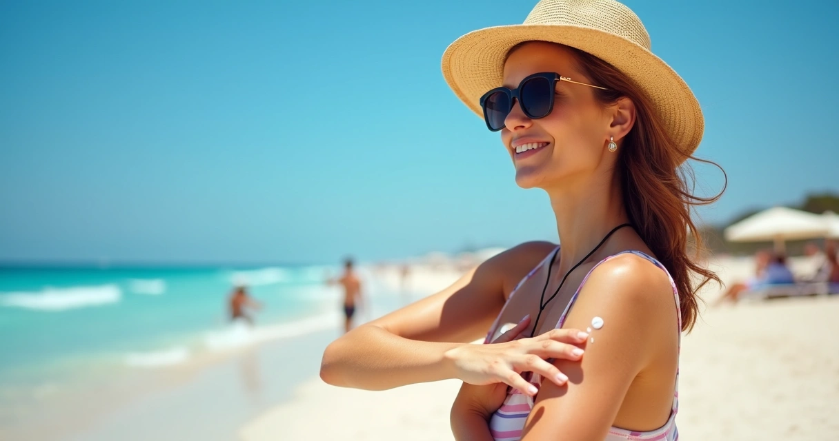 Pessoa se protegendo do sol na praia com chapéu e filtro solar 