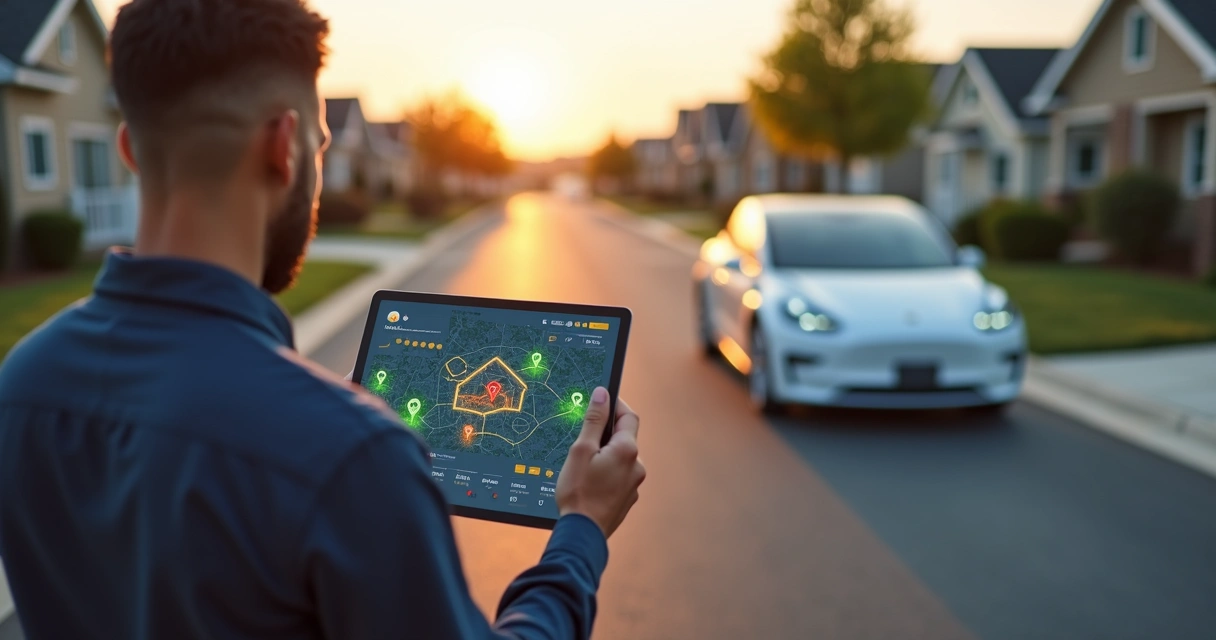 Solar sales rep using tablet with territory map and lead data overlayed on rooftops 