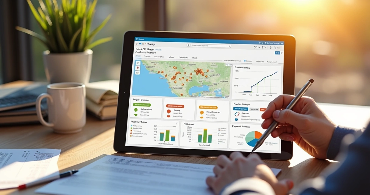 Tablet screen showing a solar CRM dashboard with property data, charts, and map 
