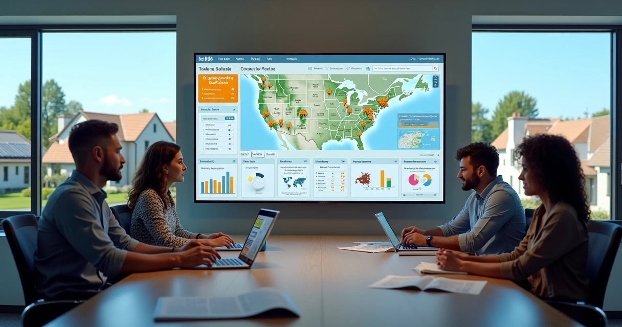 Solar sales team viewing a solar CRM dashboard on a large screen 