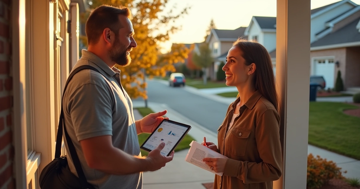 Solar sales rep talking with homeowner at front door with solar panels on nearby roof 