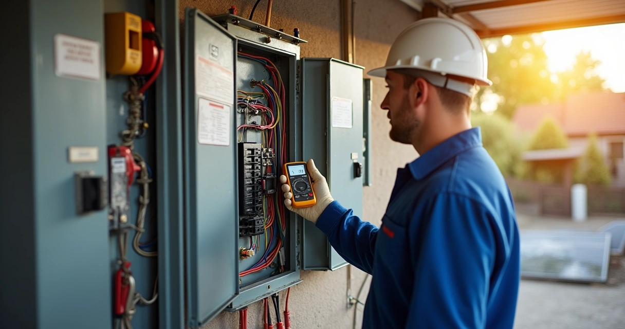 Electrician inspecting residential electrical panel for solar installation 