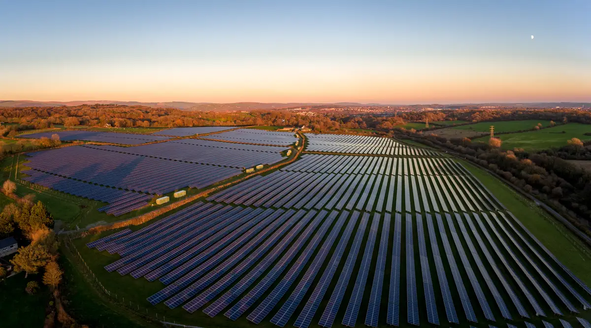 Large solar farm with rows of solar panels under clear sky during sunset