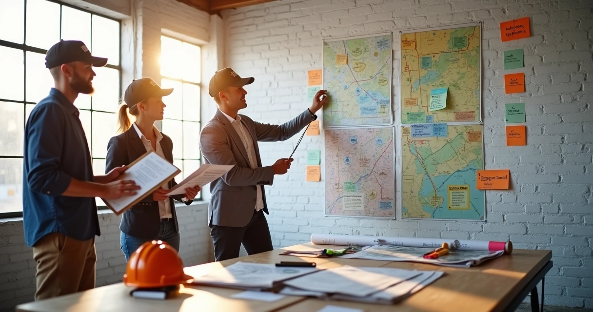 Solar field sales team comparing route options and tools on a bright strategy wall 