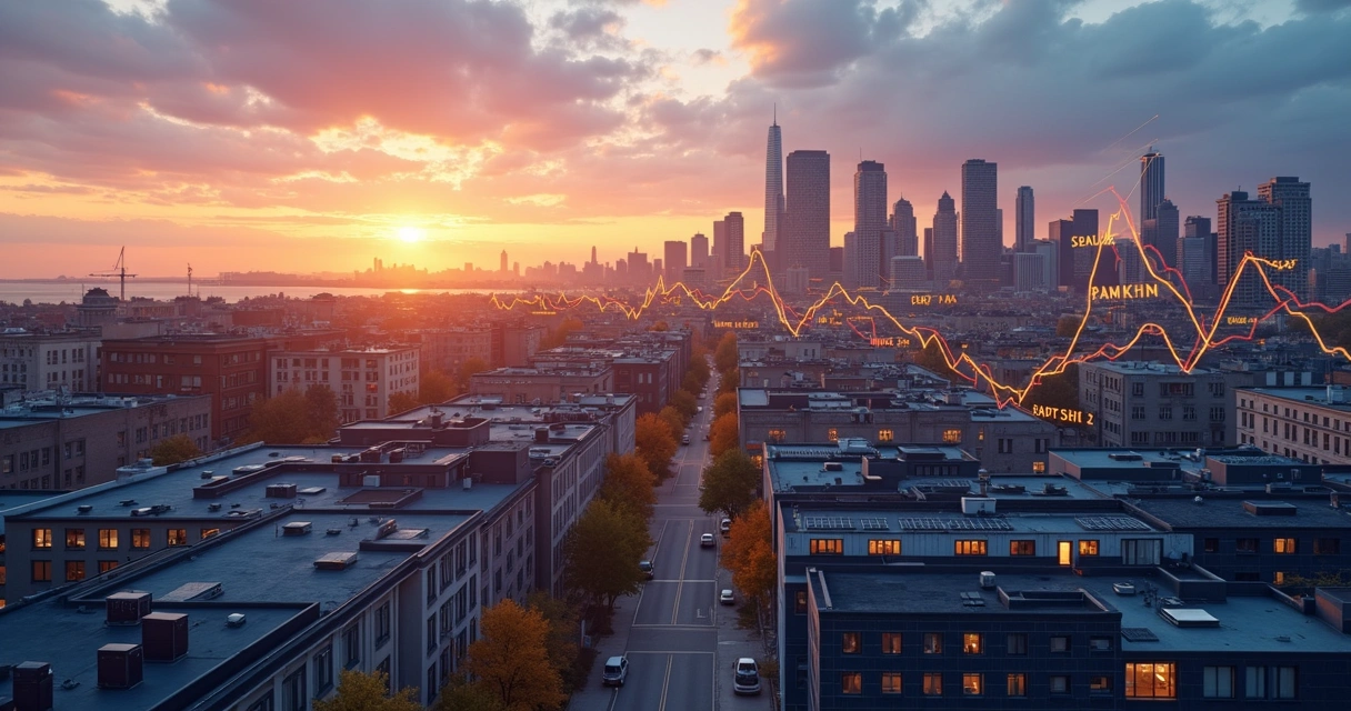 Modern city skyline with solar rooftops batteries and energy flow data overlays 